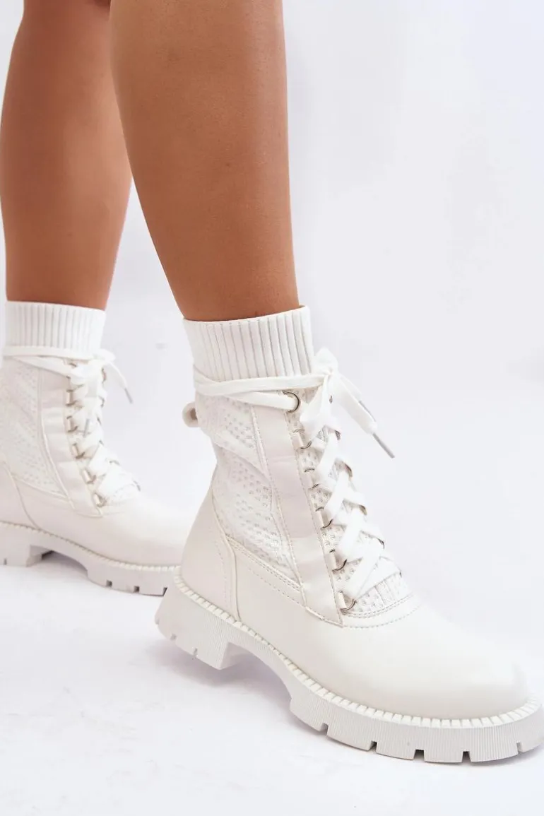 Damskie Botki Ze Skarpetą Sznurowane Białe Gentiana