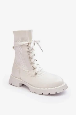 Damskie Botki Ze Skarpetą Sznurowane Białe Gentiana