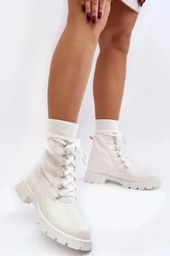 Damskie Botki Ze Skarpetą Sznurowane Białe Gentiana