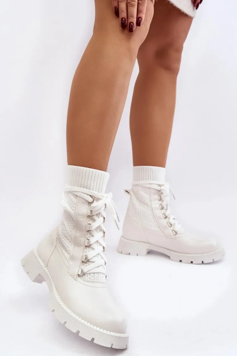 Damskie Botki Ze Skarpetą Sznurowane Białe Gentiana