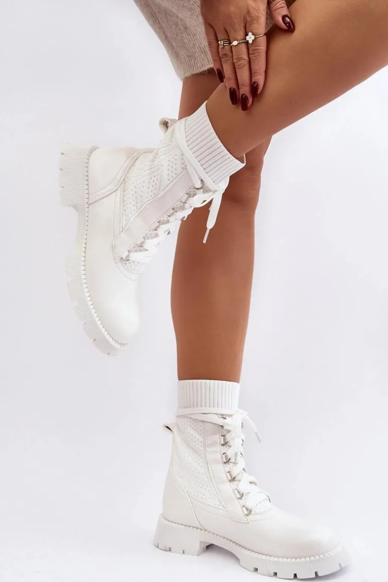 Damskie Botki Ze Skarpetą Sznurowane Białe Gentiana