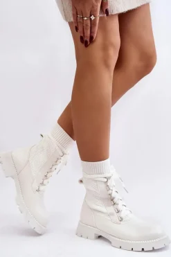 Damskie Botki Ze Skarpetą Sznurowane Białe Gentiana