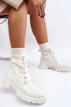 Damskie Botki Ze Skarpetą Sznurowane Białe Gentiana
