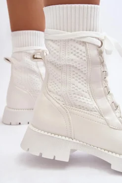 Damskie Botki Ze Skarpetą Sznurowane Białe Gentiana