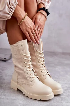 Damskie Botki Ze Skarpetą Na Płaskim Obcasie Beżowe Liam