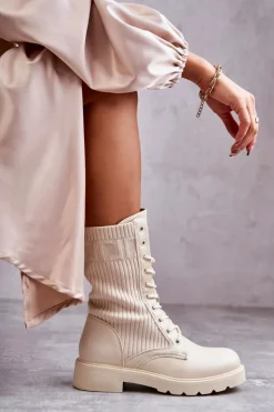 Damskie Botki Ze Skarpetą Na Płaskim Obcasie Beżowe Liam