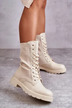 Damskie Botki Ze Skarpetą Na Płaskim Obcasie Beżowe Liam