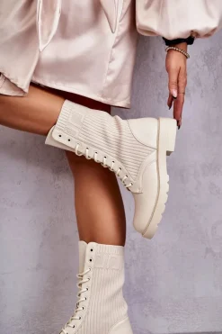 Damskie Botki Ze Skarpetą Na Płaskim Obcasie Beżowe Liam