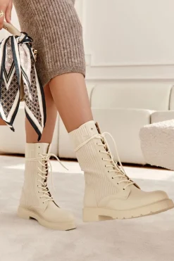 Damskie Botki Ze Skarpetą Na Płaskim Obcasie Beżowe Liam