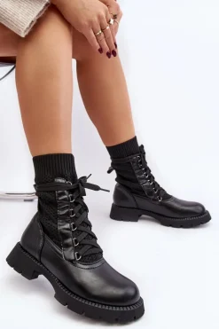 Damskie Botki Ze Skarpetą Sznurowane Czarne Gentiana