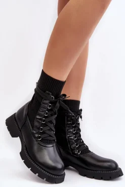 Damskie Botki Ze Skarpetą Sznurowane Czarne Gentiana