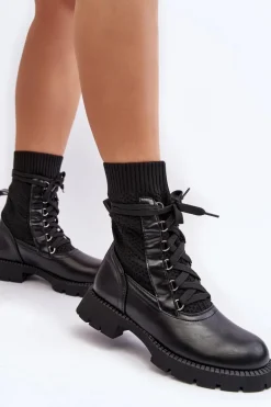 Damskie Botki Ze Skarpetą Sznurowane Czarne Gentiana