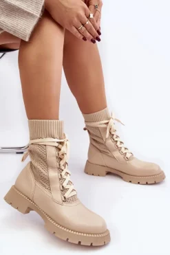 Damskie Botki Ze Skarpetą Sznurowane Jasnobeżowe Gentiana