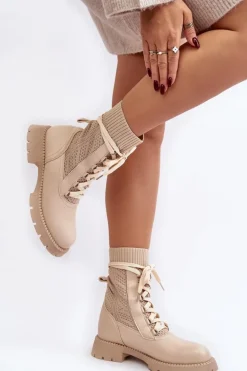 Damskie Botki Ze Skarpetą Sznurowane Jasnobeżowe Gentiana