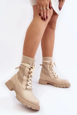 Damskie Botki Ze Skarpetą Sznurowane Jasnobeżowe Gentiana