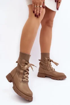Damskie Botki Ze Skarpetą Sznurowane Brązowe Gentiana