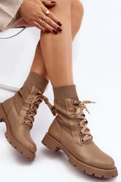 Damskie Botki Ze Skarpetą Sznurowane Brązowe Gentiana