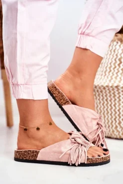 Damskie Brudny Róż Klapki Na Korku Frędzle Marina