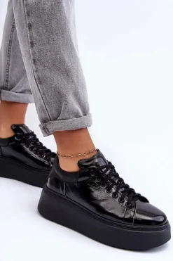 Damskie Buty Sportowe Lakierowane na Platformie Czarne Lemar 10150