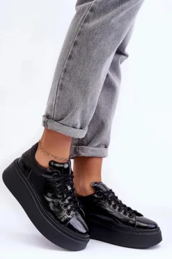 Damskie Buty Sportowe Lakierowane na Platformie Czarne Lemar 10150