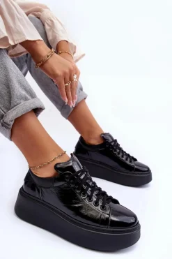 Damskie Buty Sportowe Lakierowane na Platformie Czarne Lemar 10150