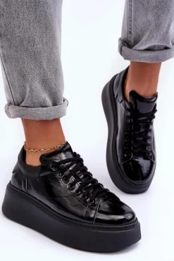 Damskie Buty Sportowe Lakierowane na Platformie Czarne Lemar 10150