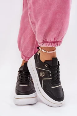 Damskie Buty Sportowe Na Platformie Czarne Caldeno