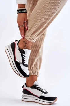 Damskie Buty Sportowe Na Koturnie I Platformie Biało-Czarne Allen