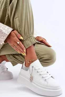 Damskie Buty Sportowe Na Masywnej Platformie Biało-Srebrne Mariell