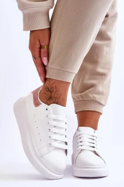 Damskie Buty Sportowe Na Platformie Brokatowe Biało-Różowe Eliso