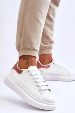 Damskie Buty Sportowe Na Platformie Brokatowe Biało-Różowe Eliso