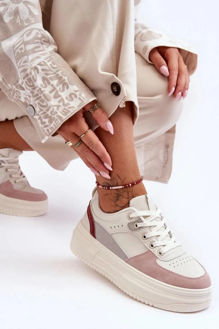 Damskie Buty Sportowe Na Masywnej Platformie Biało-Różowe Gemma