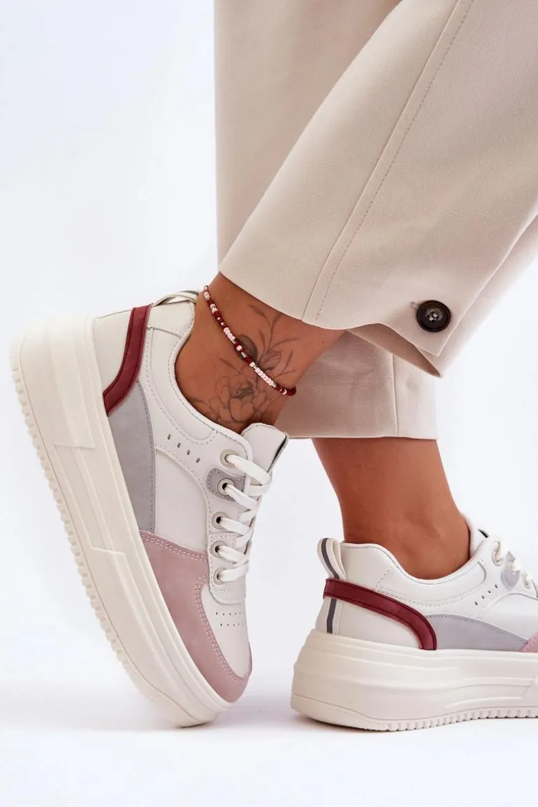 Damskie Buty Sportowe Na Masywnej Platformie Biało-Różowe Gemma