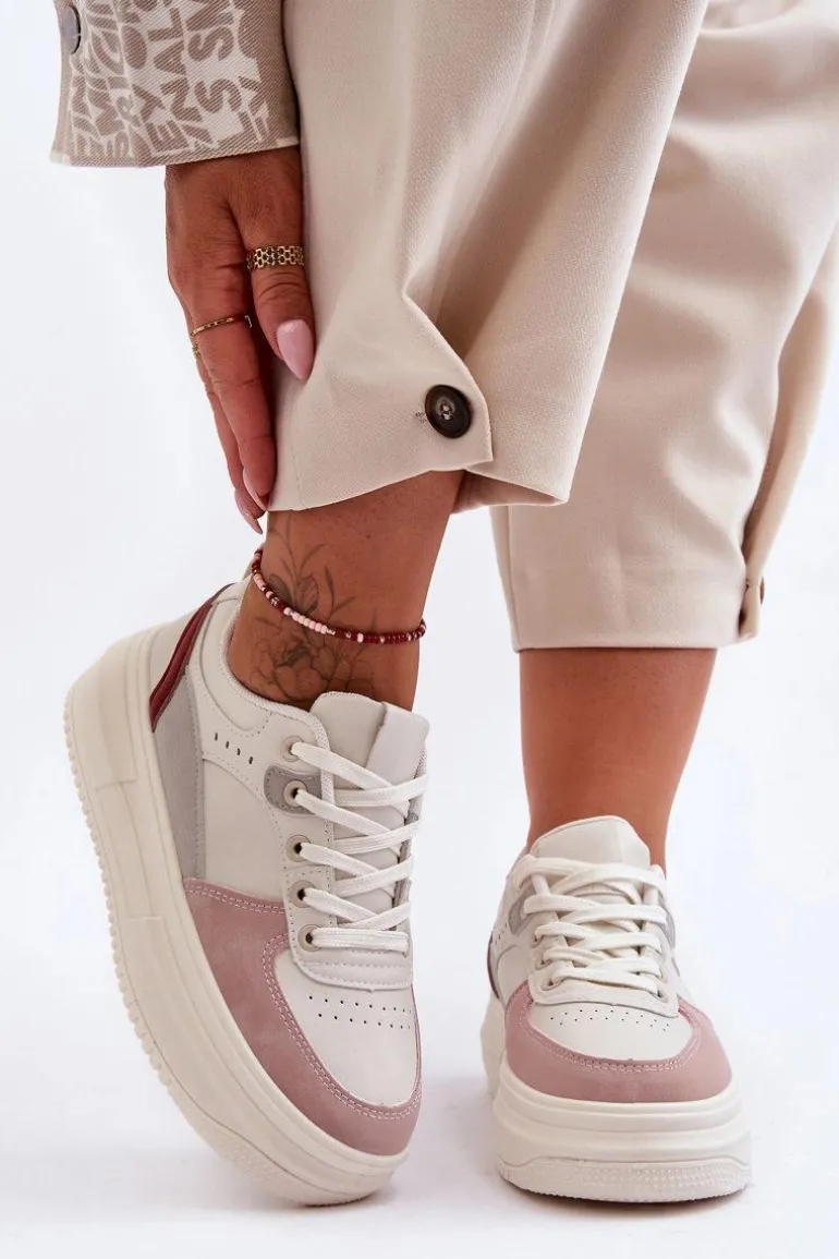 Damskie Buty Sportowe Na Masywnej Platformie Biało-Różowe Gemma