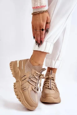 Damskie Buty Sportowe Skarpetkowe Wsuwane Beżowe Berna