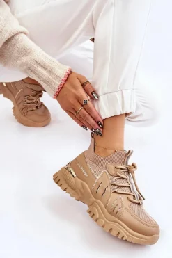 Damskie Buty Sportowe Skarpetkowe Wsuwane Beżowe Berna