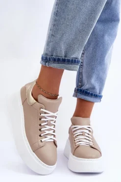 Damskie Buty Sportowe Skórzane na Platformie Beżowe Lemar 10150