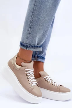 Damskie Buty Sportowe Skórzane na Platformie Beżowe Lemar 10150