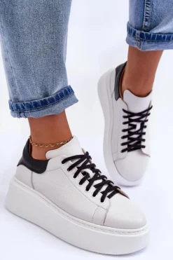 Damskie Buty Sportowe Skórzane na Platformie Biało-Czarne Lemar 10150