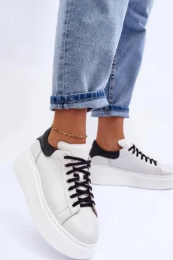 Damskie Buty Sportowe Skórzane na Platformie Biało-Czarne Lemar 10150