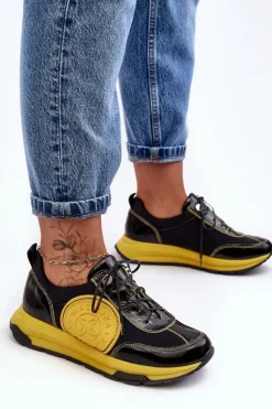 Damskie Buty Sportowe Skórzane Maciejka 06295-01 Czarno-Żółte