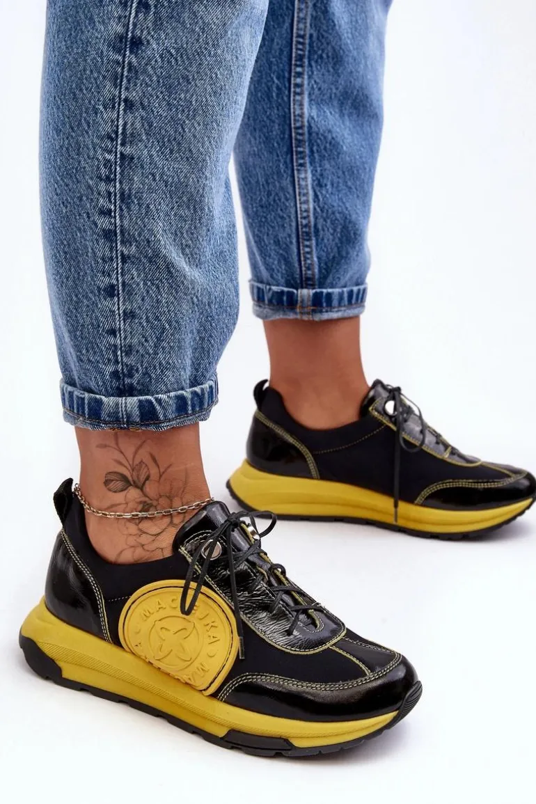 Damskie Buty Sportowe Skórzane Maciejka 06295-01 Czarno-Żółte