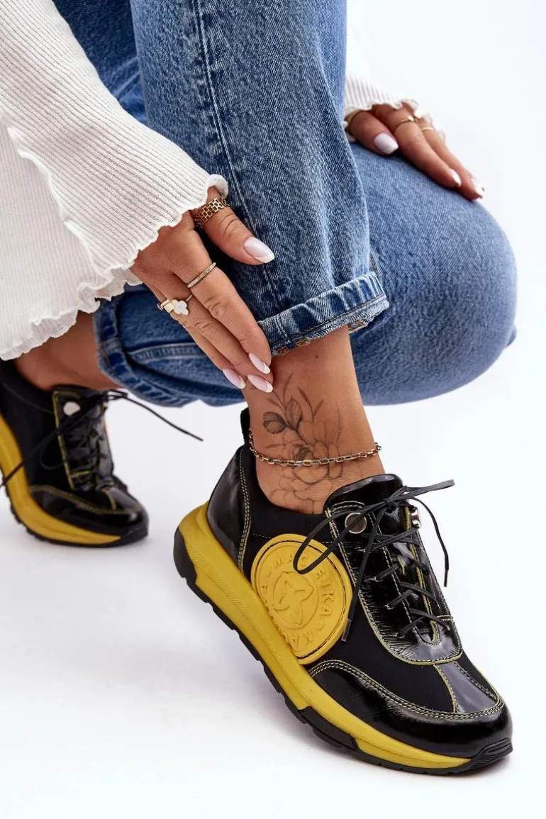 Damskie Buty Sportowe Skórzane Maciejka 06295-01 Czarno-Żółte