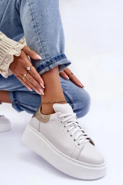 Damskie Buty Sportowe Skórzane na Platformie Białe Lemar 10150 - Złota Wstawka