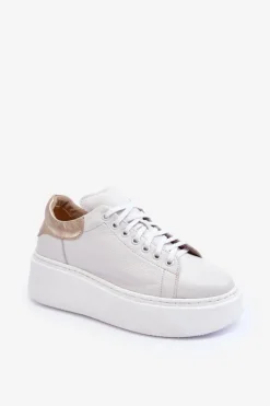 Damskie Buty Sportowe Skórzane na Platformie Białe Lemar 10150 - Złota Wstawka