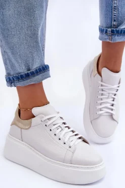 Damskie Buty Sportowe Skórzane na Platformie Białe Lemar 10150 - Złota Wstawka