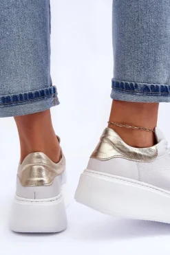 Damskie Buty Sportowe Skórzane na Platformie Białe Lemar 10150 - Złota Wstawka