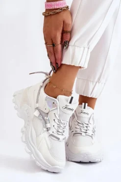 Damskie Buty Sportowe Sznurowane Na Platformie Białe Minea