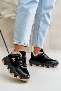 Damskie Buty Sportowe Sznurowane Ocieplane Na Platformie Czarne Verioras
