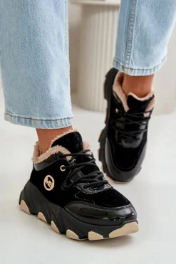 Damskie Buty Sportowe Sznurowane Ocieplane Na Platformie Czarne Verioras